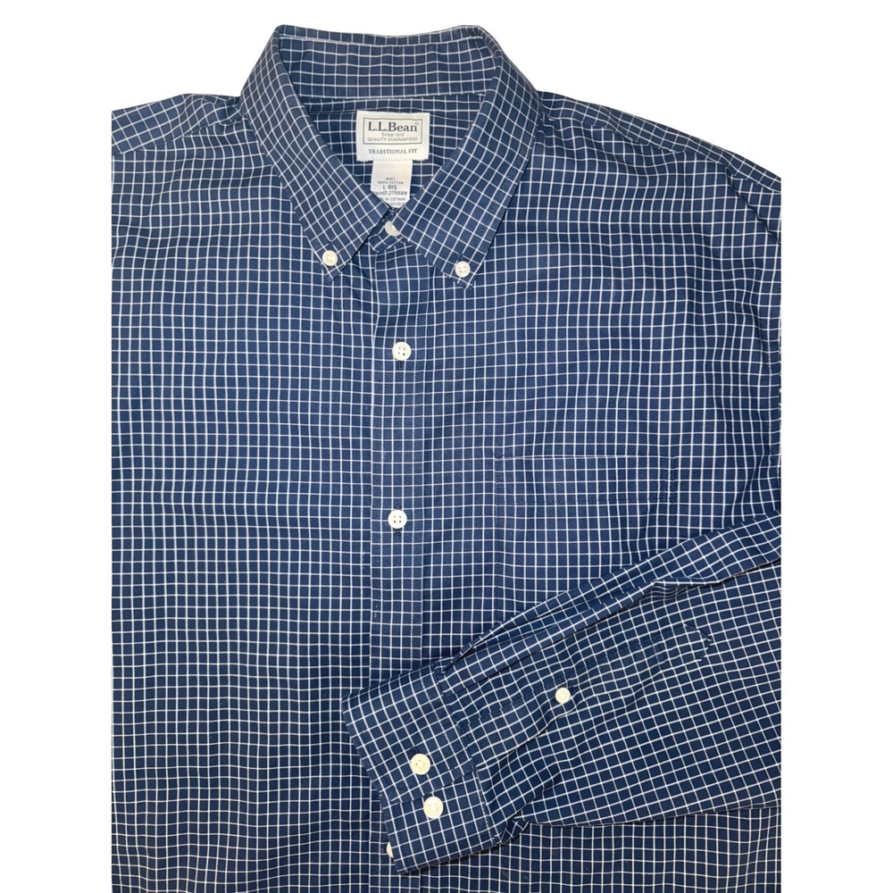 LL Bean Mens Traditional Fit Button Down Shirt Navy White Grid Large L-Reg